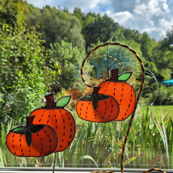 Stained Glass Pumpkin Sun Catcher Jack O'Lantern Window Hanger Set 2 Halloween - Picture 1 of 6